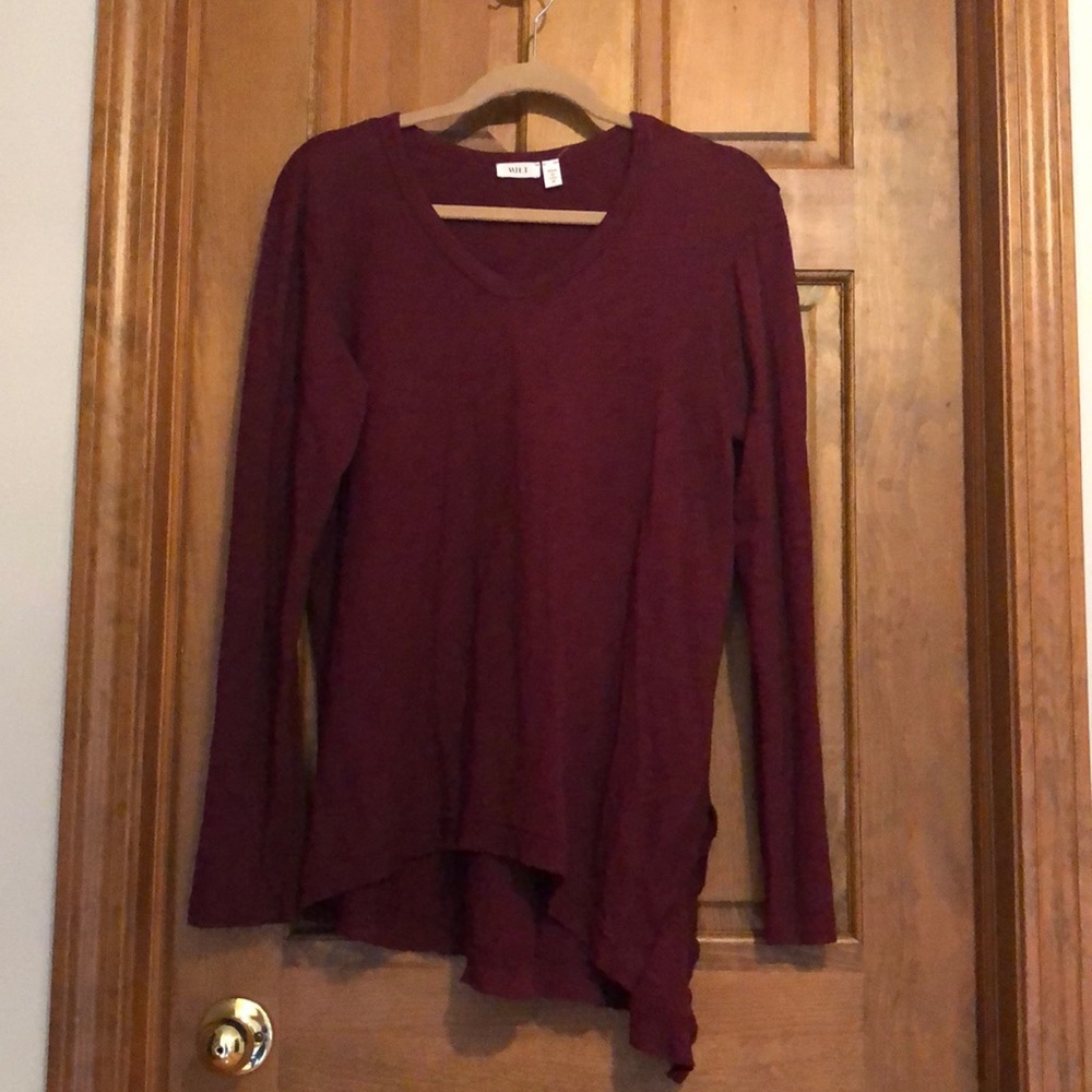 Wilt Maroon V-Neck Long Sleeve Asymmetrical Hem Top
